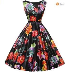 Black Floral A-Line Dress NWT